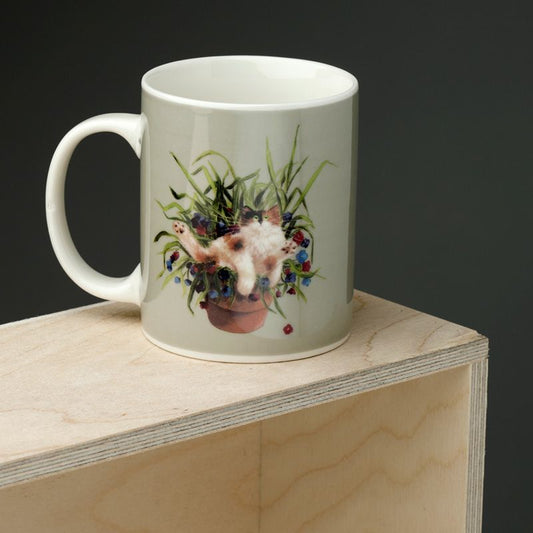 Cat in plant pot green coffee mug