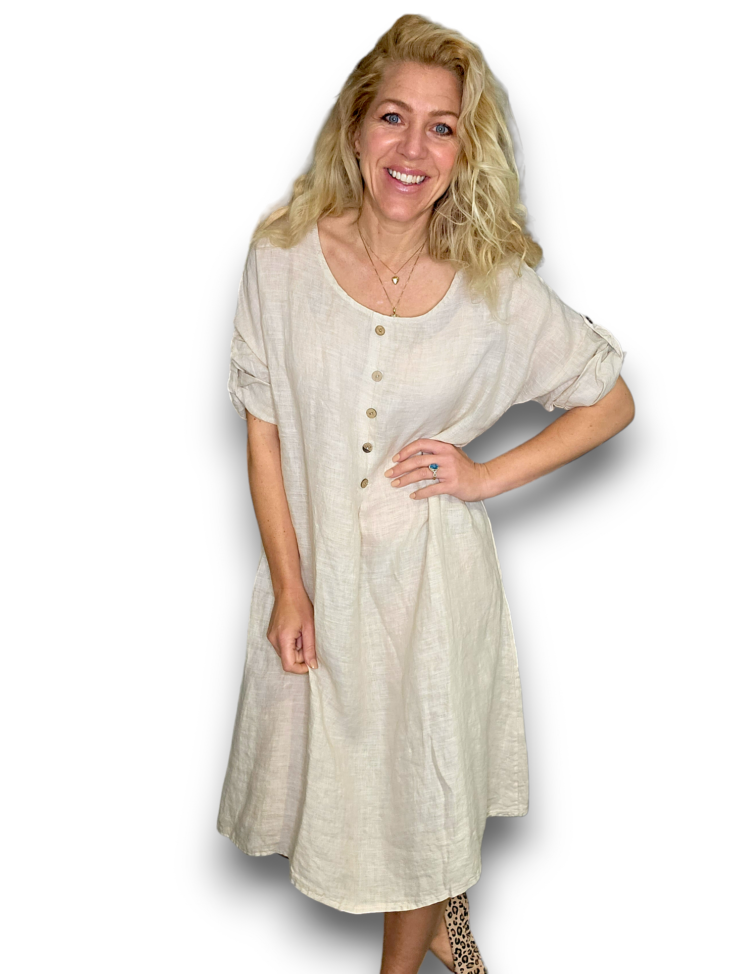 Beige Front Button Dress