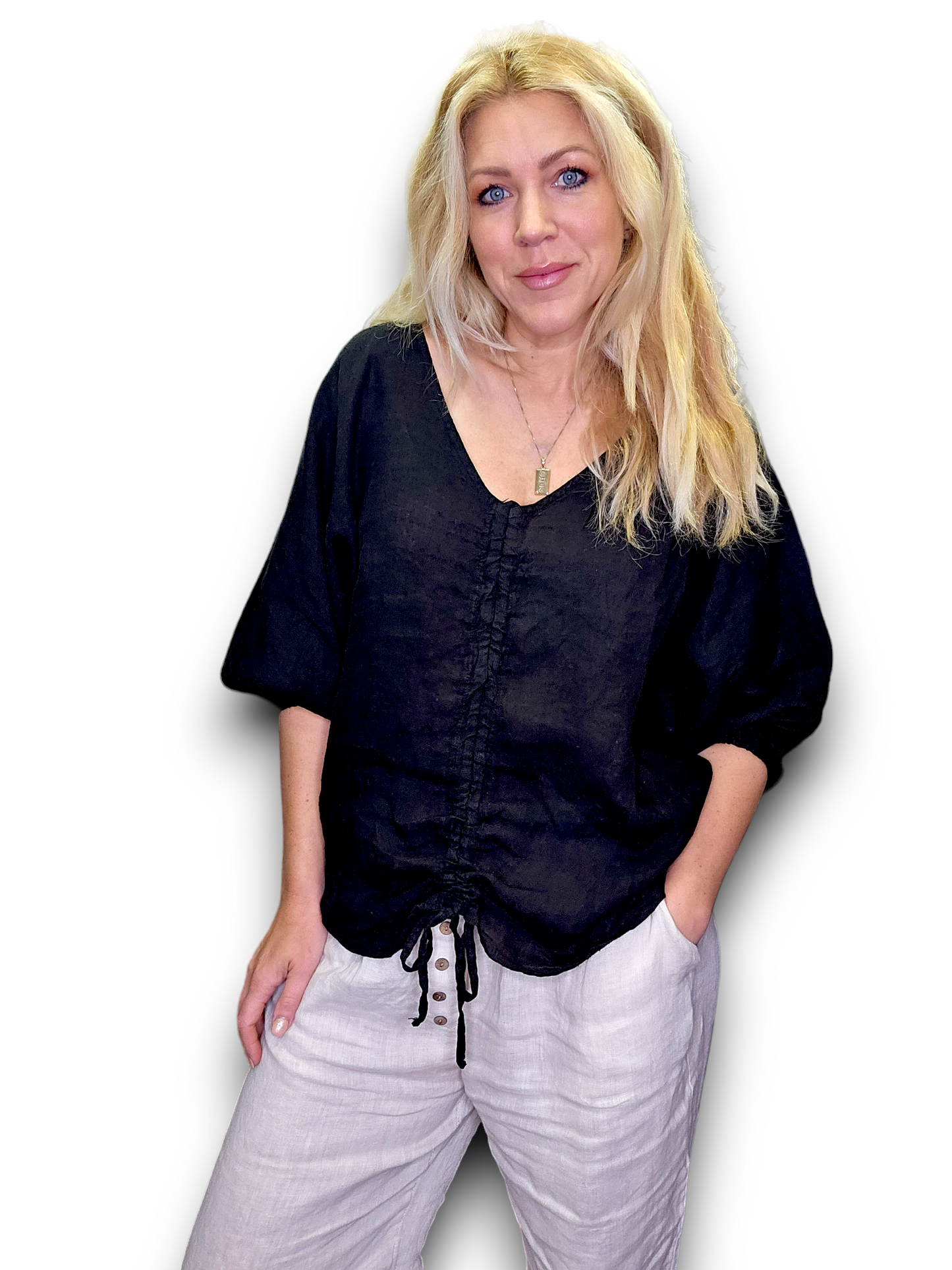 Black V Neck Drawstring Top