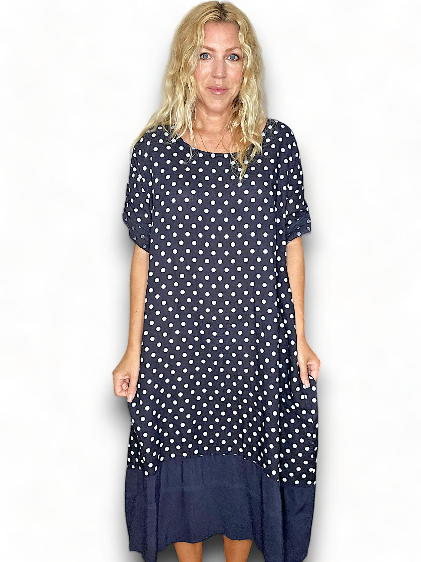 Navy Polka Dot Botton Sleeve Hem Dress