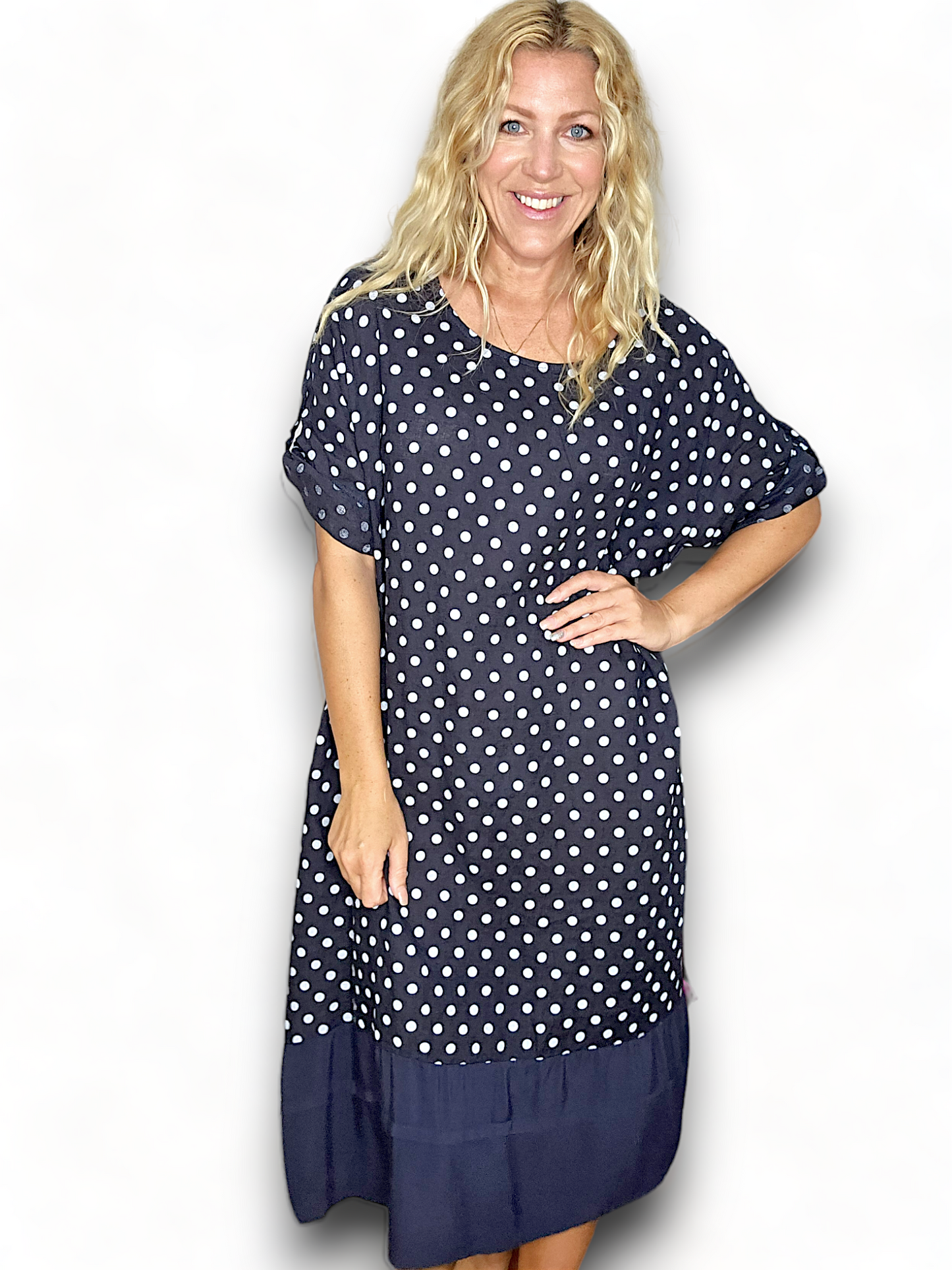 Navy Polka Dot Botton Sleeve Hem Dress