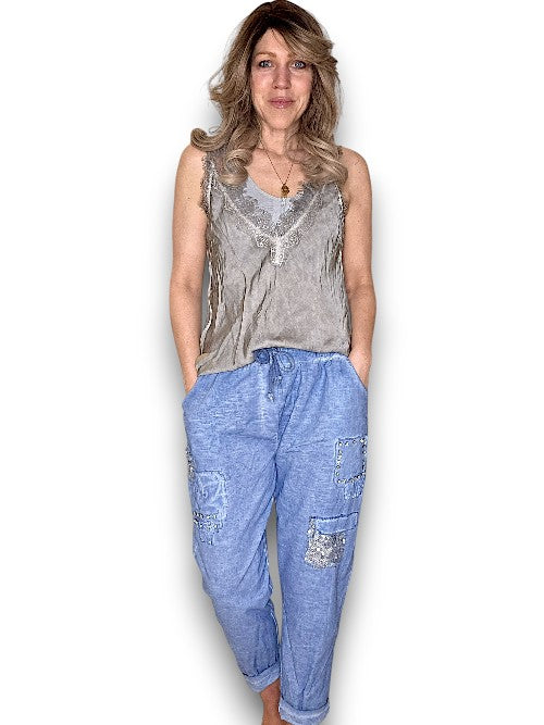 Bright Petrol Diamond Pkt Linen/Cotton Pant