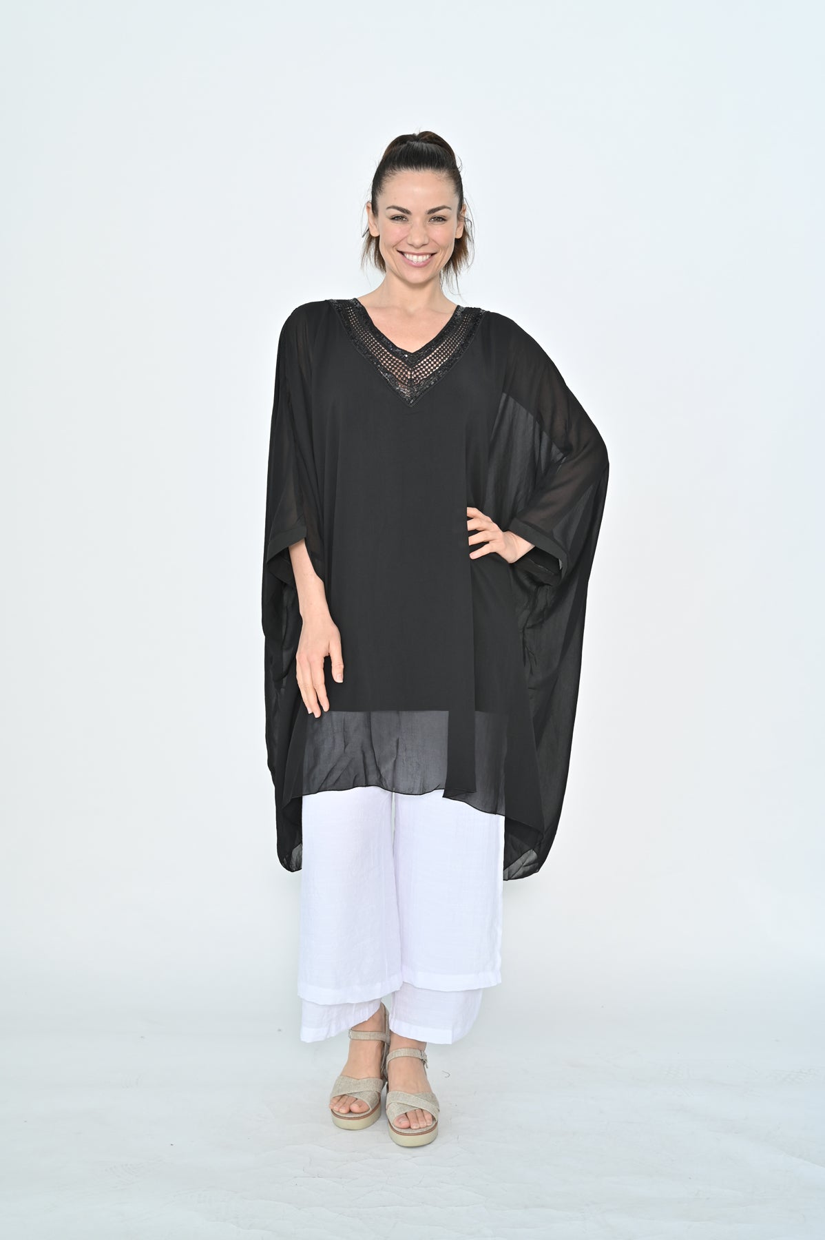 Sequin V Neck Top | Black