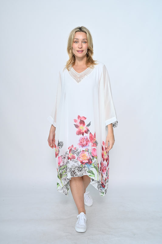 V Sequin Floral Dress | White
