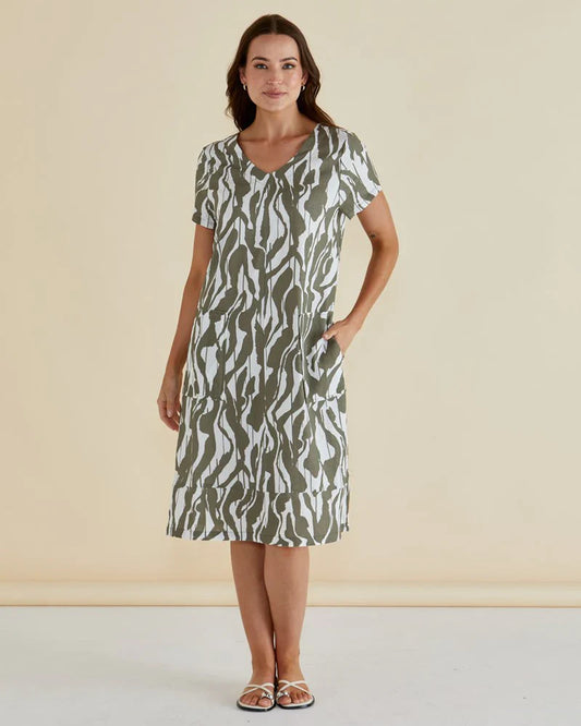 Betty Basics Elwood Dress | Olive Geometric Print