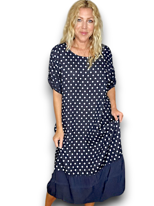 Navy Polka Dot Botton Sleeve Hem Dress