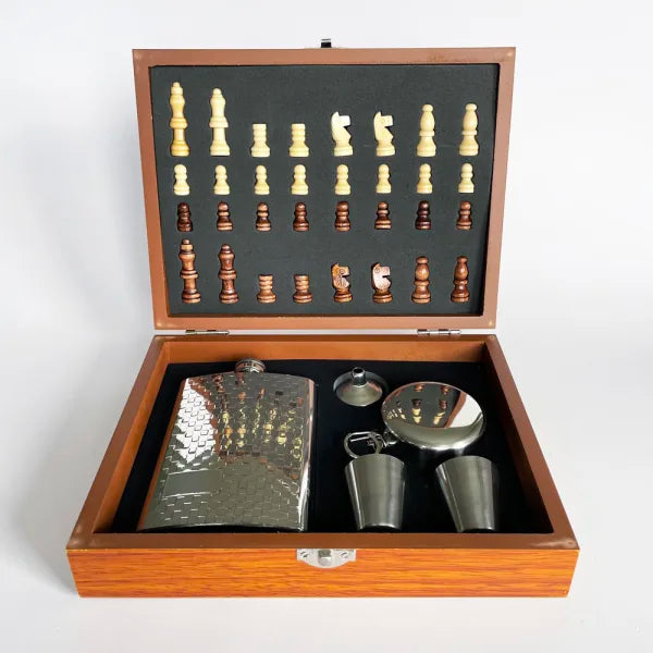 Silver Hip Flask and Chess Set