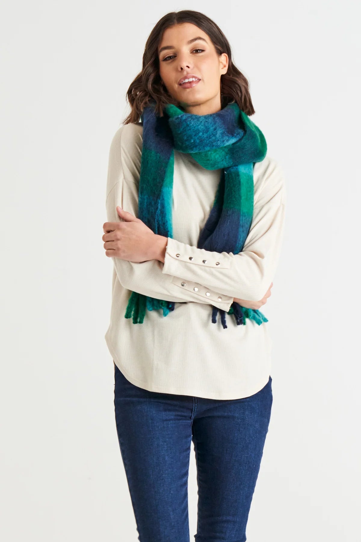 Lillian Fluffy Scarf - Green/Blue Check