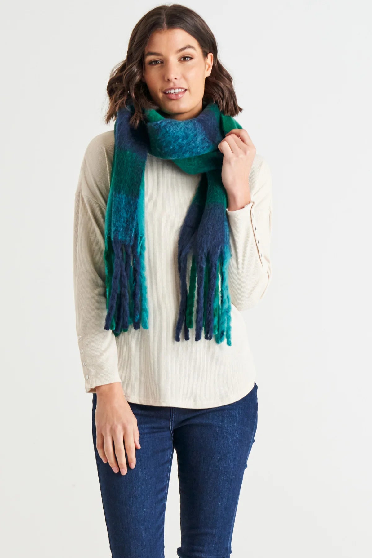 Lillian Fluffy Scarf - Green/Blue Check