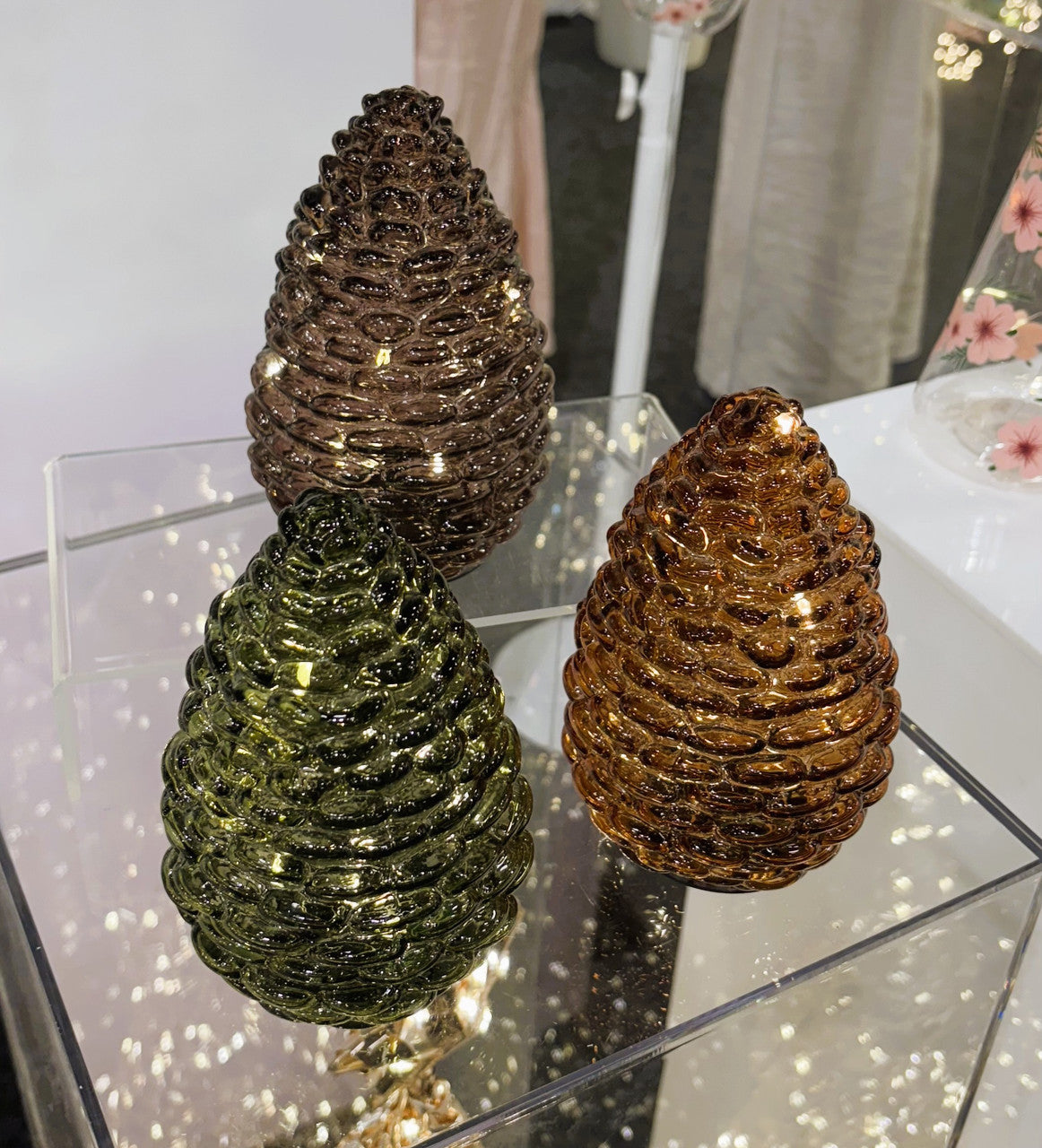 Glass Pinecones with Lights - 15cm