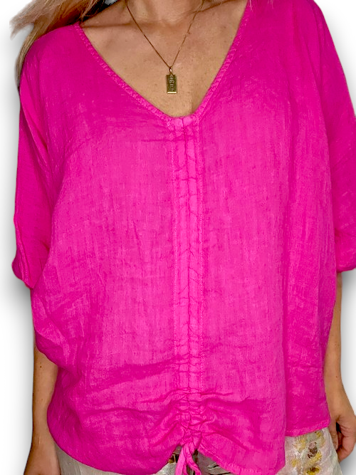 Hot Pink V Neck Drawstring Top