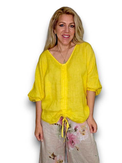 Helga May Yellow V-Neck Drawstring Top