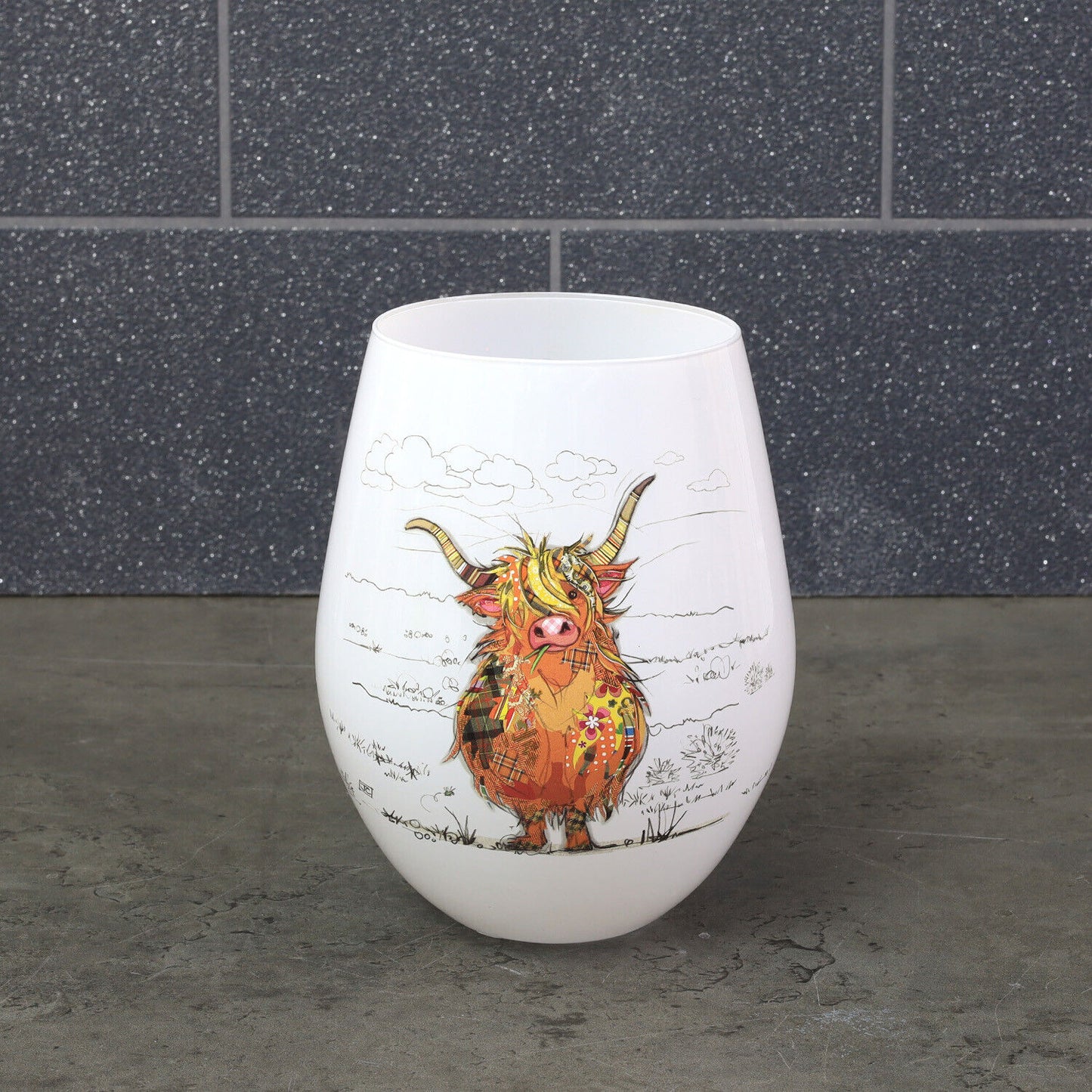 Hamish The Highland Cow Patchwork Stemless Glass