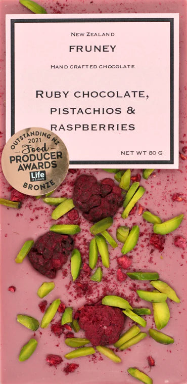 Fruney Chocolate | Ruby chocolate, Pistachios & Raspberries bar