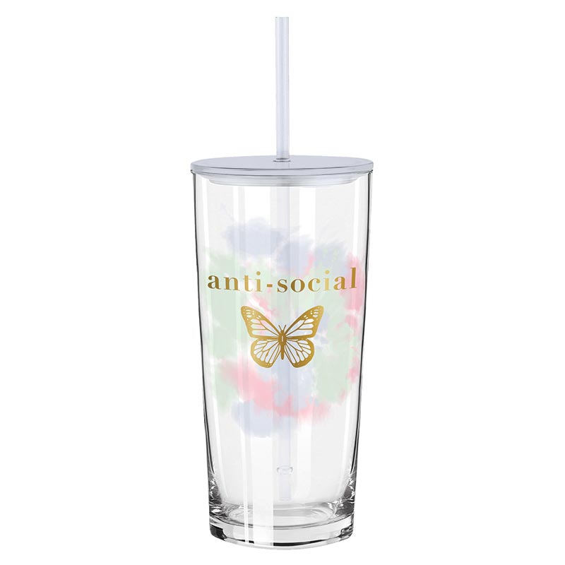 Glass Tumbler W/Straw - Anti Social Butterfly