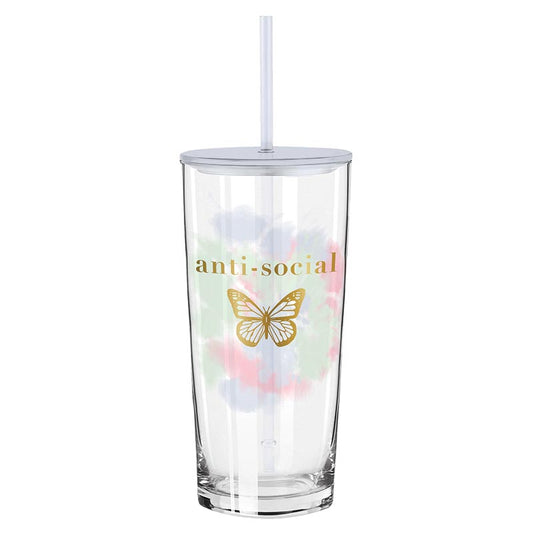 Glass Tumbler W/Straw - Anti Social Butterfly