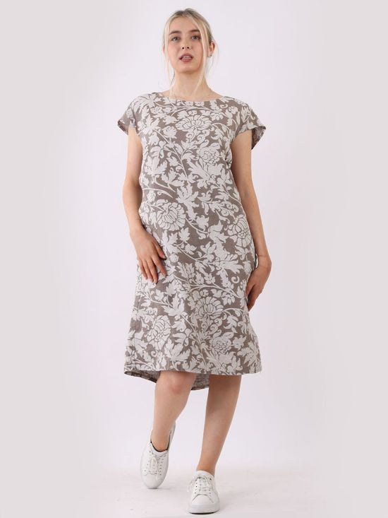 Georgia Foliage Linen Dress Mocha
