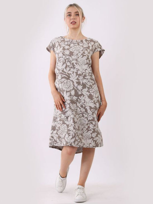 Georgia Foliage Linen Dress Mocha