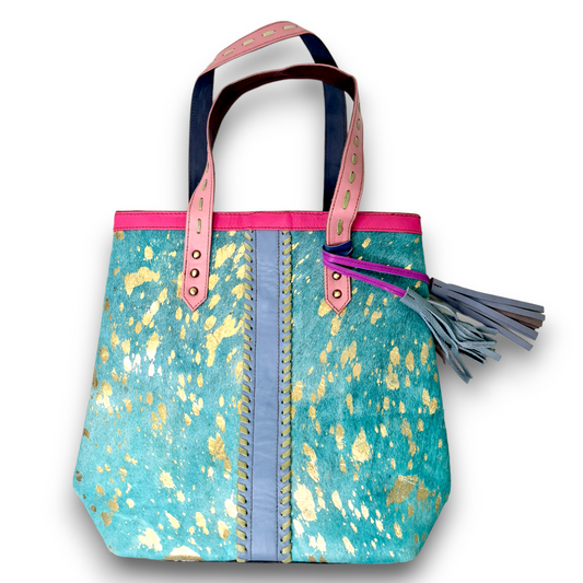 Hey Herbee | Parade Shopper Bag Turquoise-Metallic/Gold-Blue Stripe