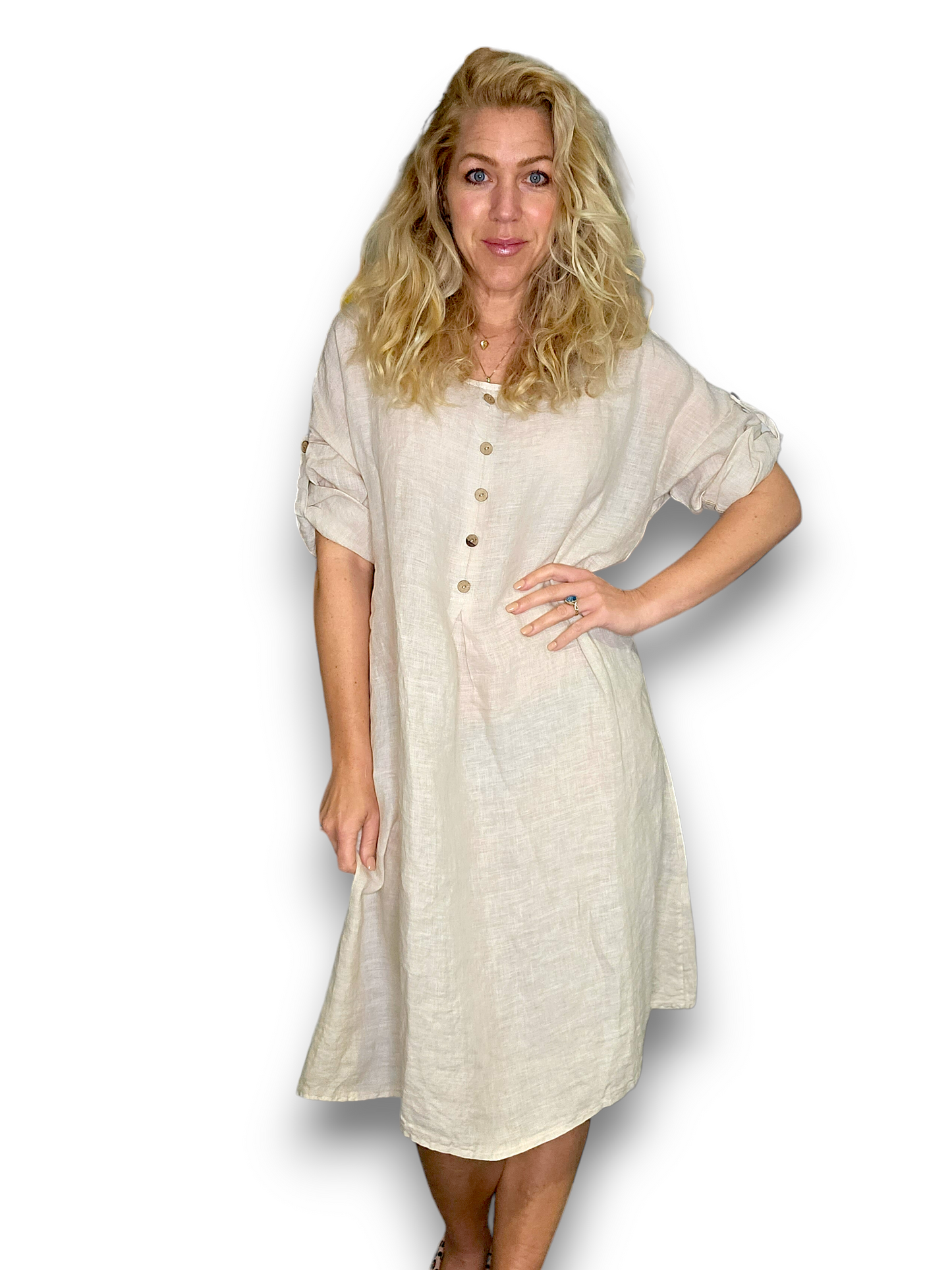 Beige Front Button Dress