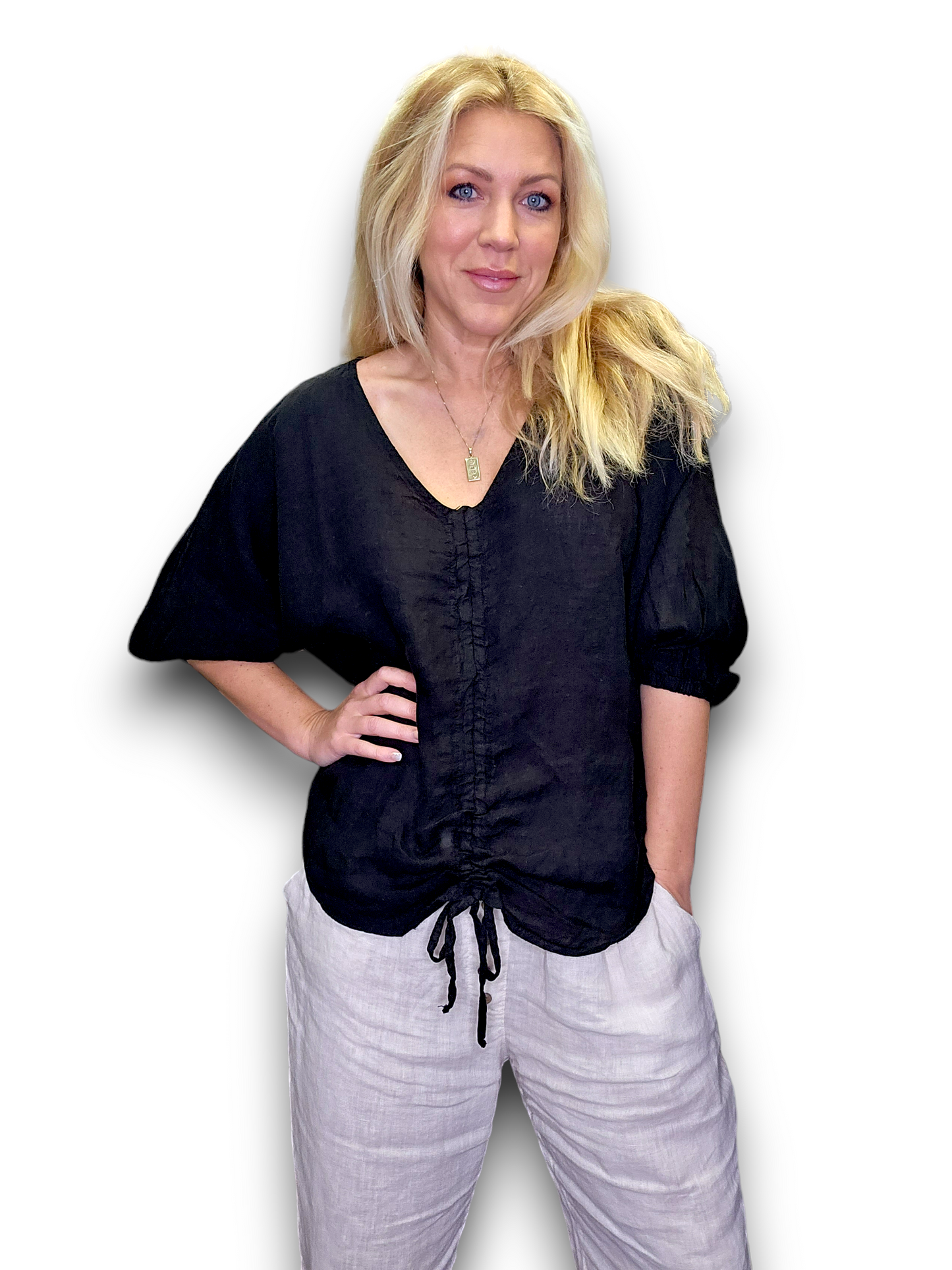 Black V Neck Drawstring Top