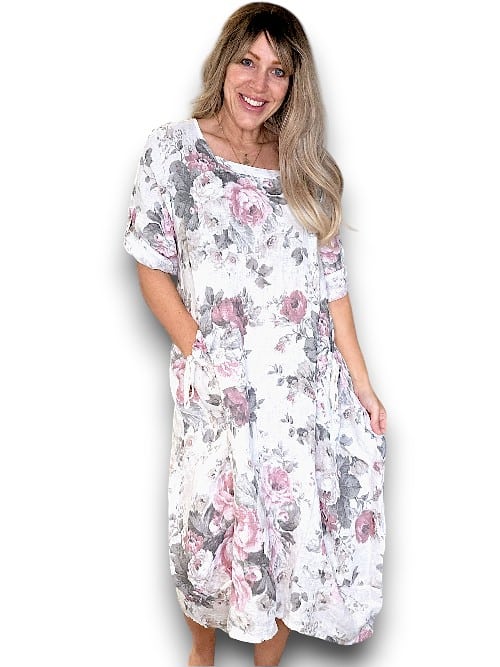 Helga May White Scarlett Rose Button Sleeve Maxi Dress