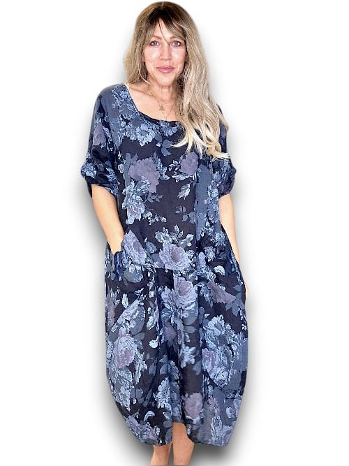 Helga May Navy Scarlett Rose Button Sleeve Maxi Dress