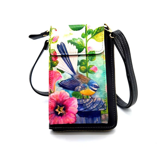 Leather Cell Phone Bag - Fantail Hollyhocks