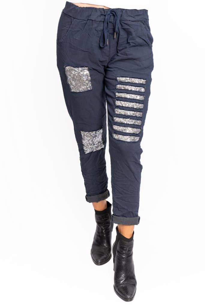 Sequin Patched Pants | Navy