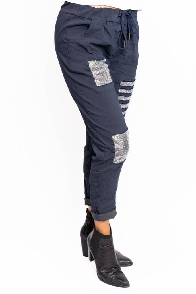 Sequin Patched Pants | Navy