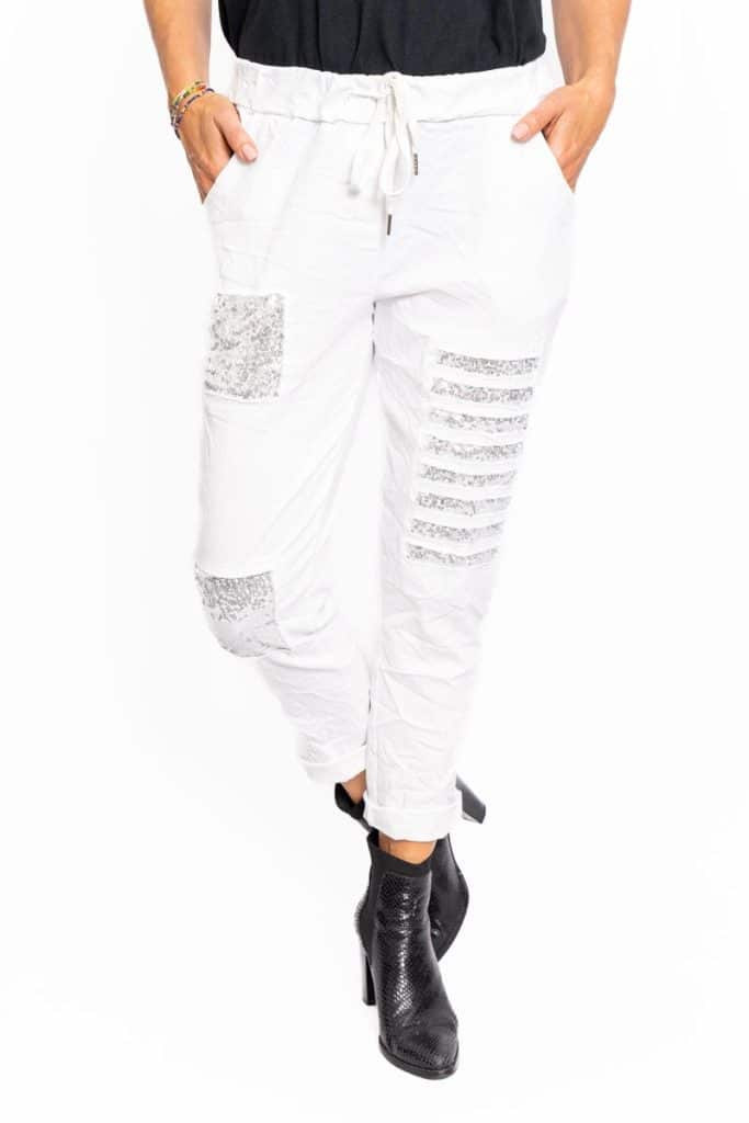 Sequin Patched Pants | White