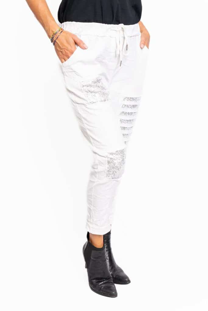 Sequin Patched Pants | White