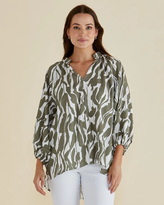 Betty Basics Grazia Blouse | Olive Geometric Print