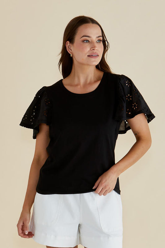 Lottie Embroidered Cotton Tee Black