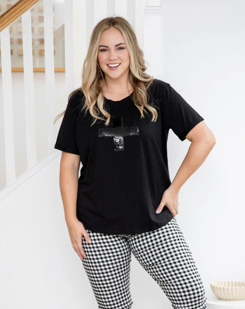 Cross Sequin Tee - Black