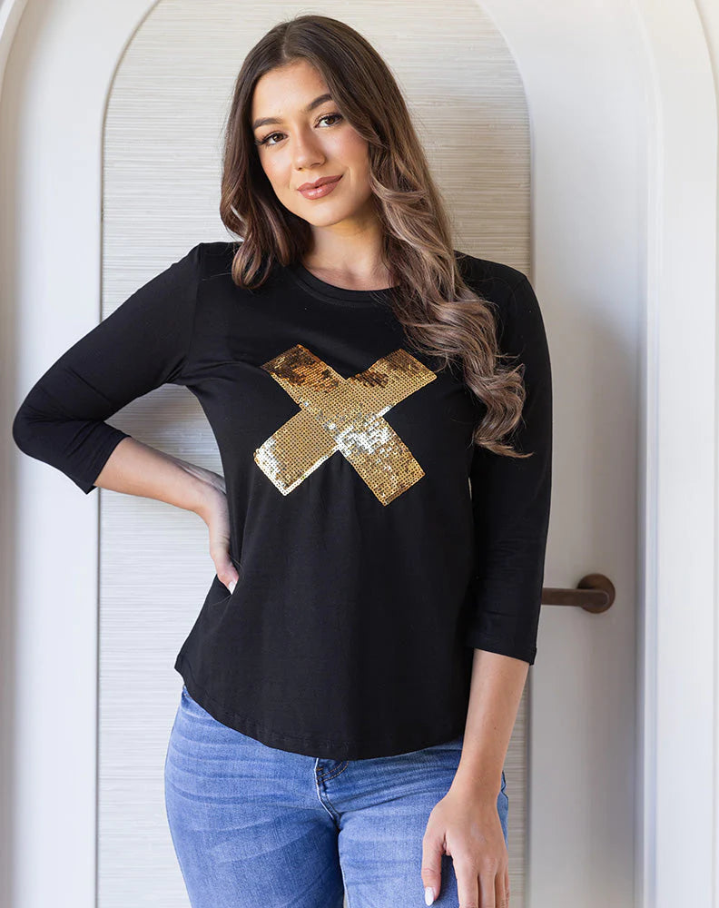 Cross Sequin 3/4 Tee - Black/Gold