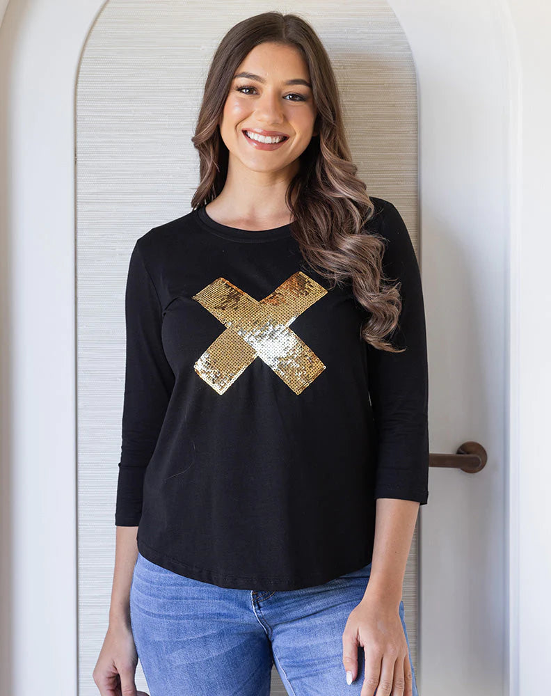 Cross Sequin 3/4 Tee - Black/Gold