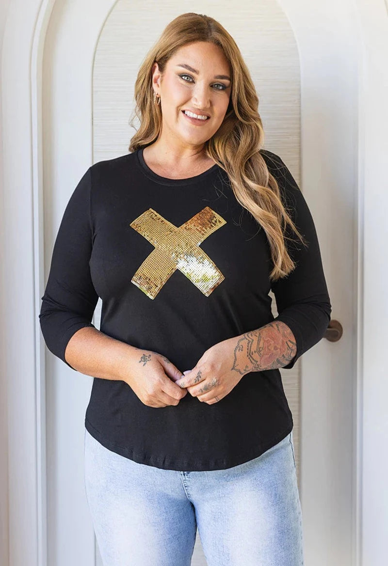 Cross Sequin 3/4 Tee - Black/Gold