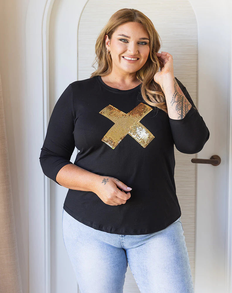 Cross Sequin 3/4 Tee - Black/Gold