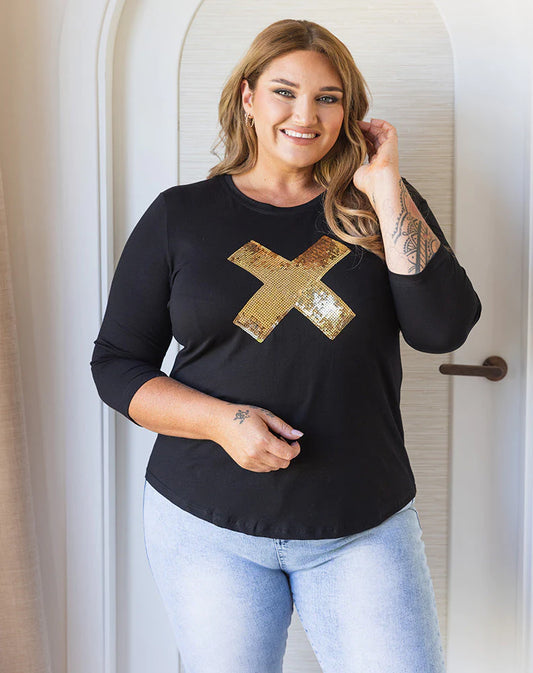 Cross Sequin 3/4 Tee - Black/Gold