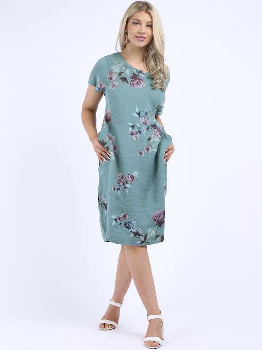 Fleur Bouquet Linen Dress Spearmint