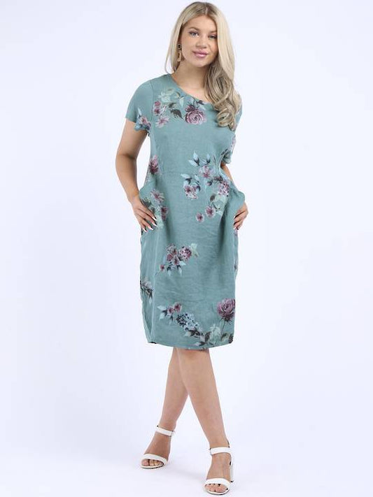 Fleur Bouquet Linen Dress Spearmint