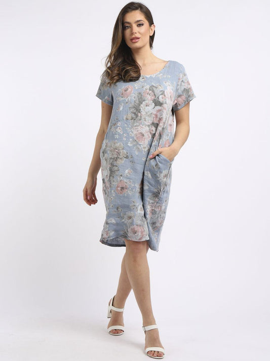 Fleur Linen Dress Pastel Blue