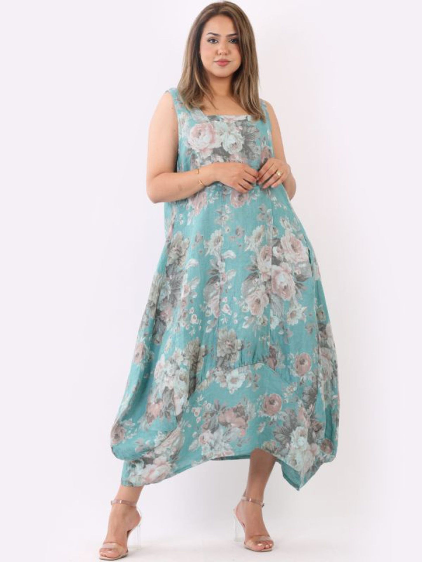 Gabriella Floral Linen Dress | Ocean Blue