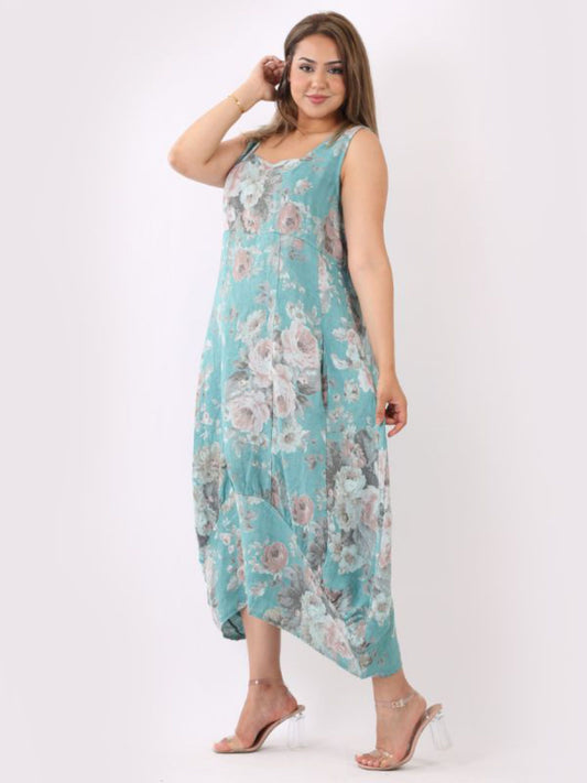 Gabriella Floral Linen Dress | Ocean Blue