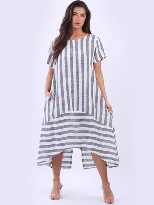 Saskia Striped Linen Dress | Navy