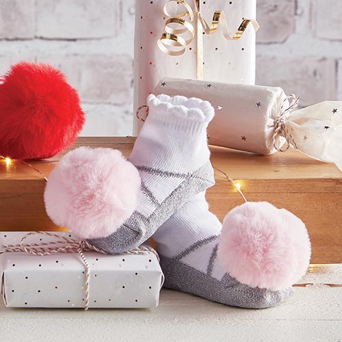 Pompom Socks - Silver+Blush Fur