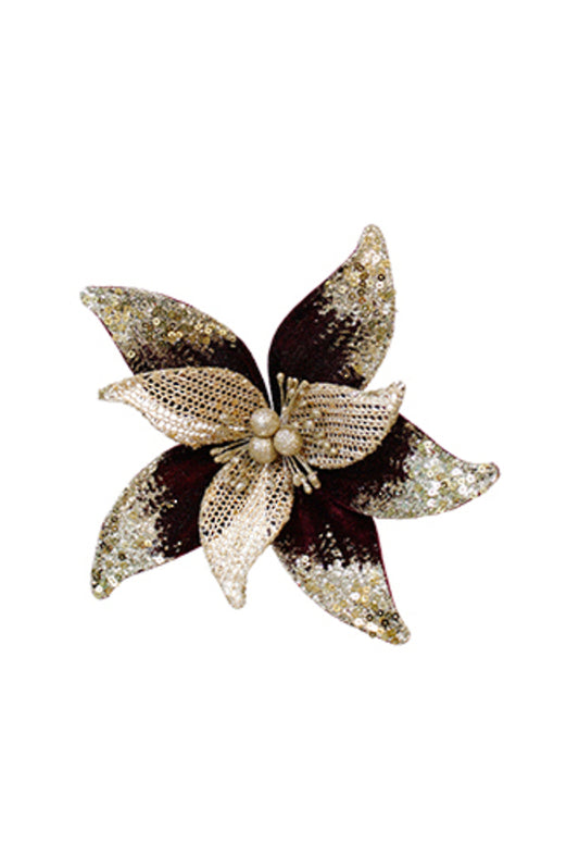 Burgundy Velvet/Gold Encrusted Poinsettia Clip