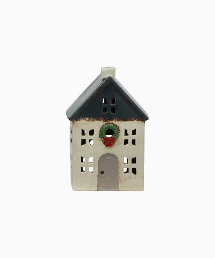 Christmas Tea Light House Blue with Wreath Small