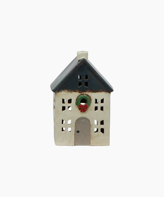 Christmas Tea Light House Blue with Wreath Small